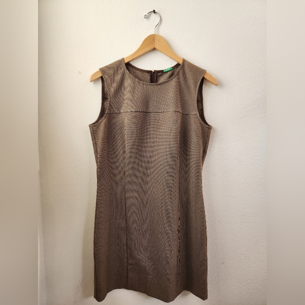 United Colors Of Benetton Mini Dress Houndstooth Brown/Tan Medium Made In Italy